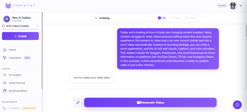 Zebracat AI video generation planning screen
